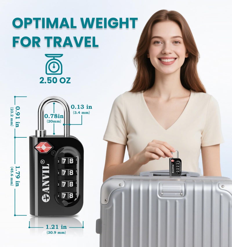 ANVIL TSA Approved Luggage Lock - 4 Digit Combination, 10,000 Combinations, Easy-Read Password Window, Travel Lock for Suitcases, Backpacks, Gym & Student Lockers, Baggage (Black 4 Pack) - Image 5